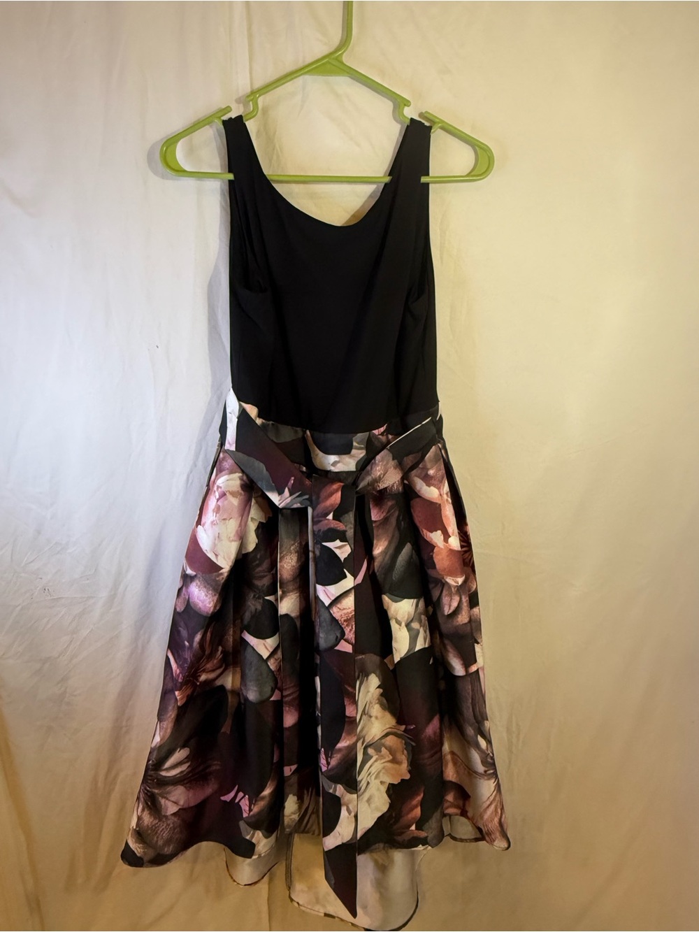 0079-SLNY Black Bodice Floral High-Low Midi Dress